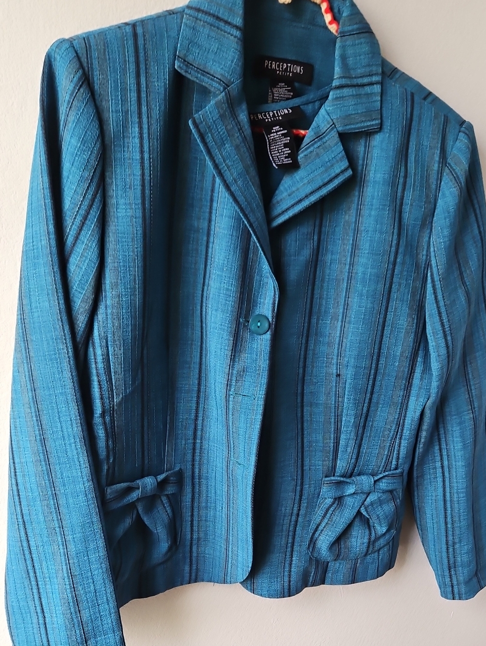 Perceptions Teal-Blue Striped Women's 3pc.suit with Bow Pockets